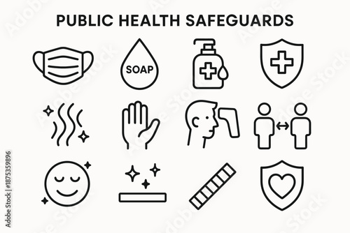 Health Safety Icons. Public Health Safeguards set in outline vector style: mask icon, soap droplet, sanitizer bottle, protective shield, airflow shimmer, glove