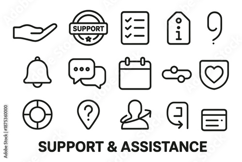 Support Icons Collection. Support & Assistance set in outline vector style: guiding hand, support badge, checklist line, info tag, reminder icon, communication
