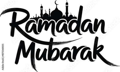 Ramadan Mubarak vector illustration with mosque silhouette for Islamic holiday greetings