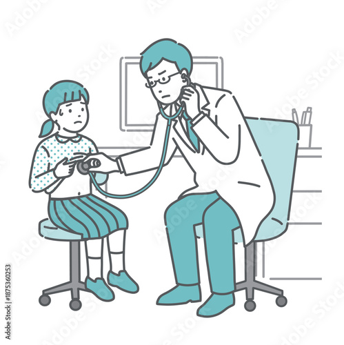 聴診器で異常を確認する男性医師（白衣・体調不良の女の子）