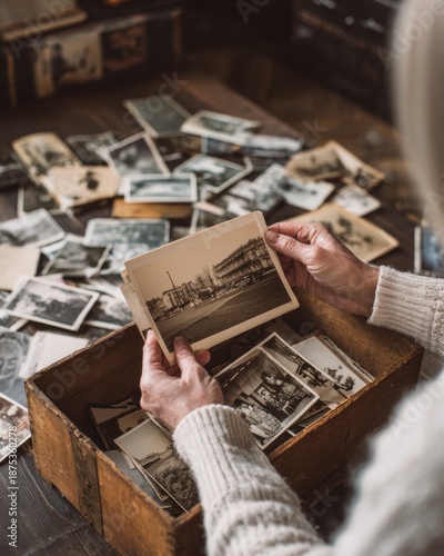 Remembering the Past: Nostalgic Person Looking at Old Photos in a Box