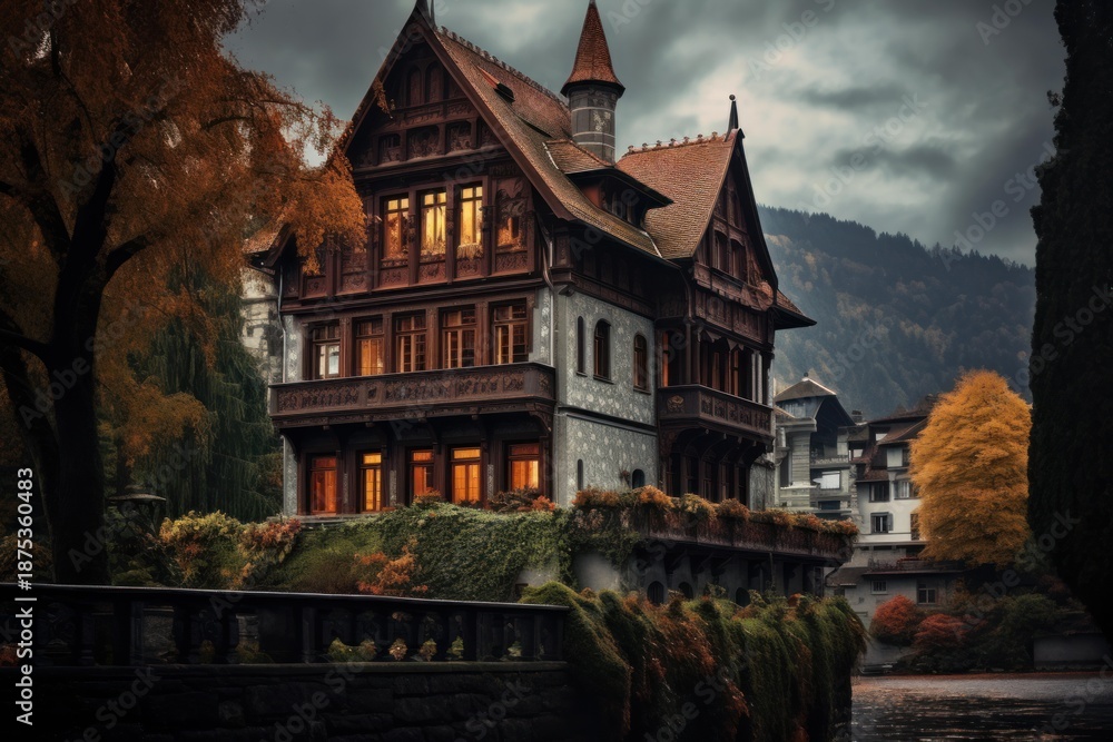 Obraz premium European architecture standing by a lake during a moody fall evening