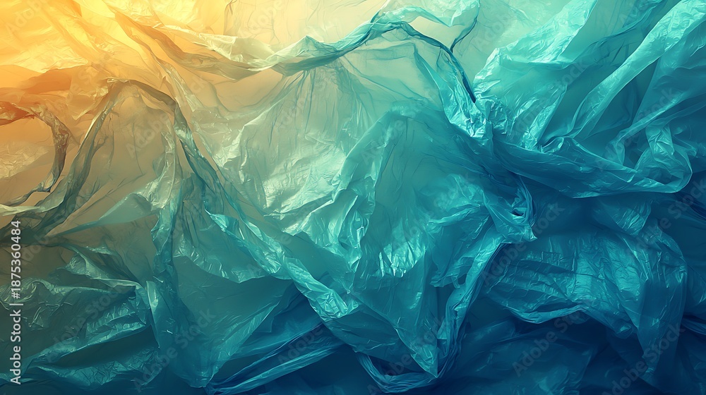 Obraz premium Oceanic Abstract: A close-up view presents an alluring display of layered, transparent plastic sheets, their folds and textures reflecting the mesmerizing hues of the ocean and sky.