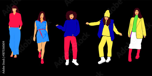 Vibrant Abstract Fashionable Woman Character Icon Set. Colorful Modern Girl Clothing Set. Funny Bold Minimalist Person Portrait Element. Shop Sale Advertising Card or Banner Decoration Element. 