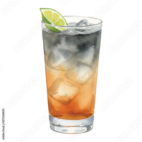 Dark and Stormy Layers Cocktail Watercolor Vector Illustration, Rum Ginger Beer Drink, Hand Painted Isolated on White
