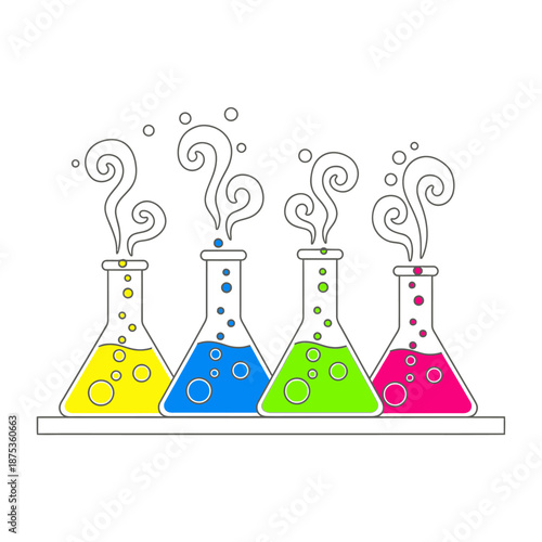 Colorful laboratory flasks with bubbling liquids and smoke, science experiment illustration