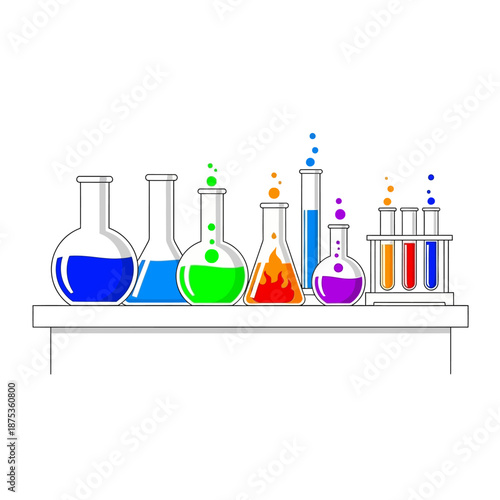 Colorful Laboratory Flasks with Bubbling Liquids on Shelf - Science Experiment