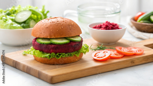 Vegan burger with beetroot patty, fresh vegetables, and accompaniments on a wooden cutting board

