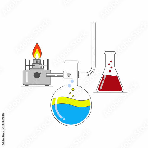 Chemistry experiment with boiling liquids in flasks and Bunsen burner