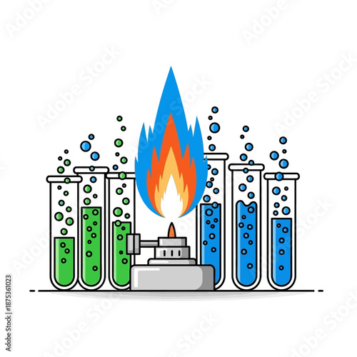 Chemistry Experiment: Bunsen Burner Heating Test Tubes with Bubbling Liquids