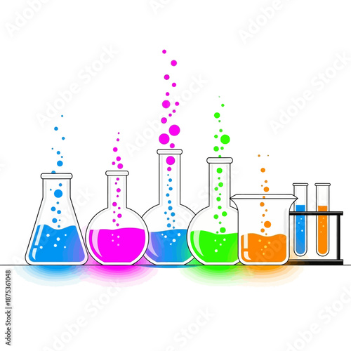 Colorful Science Laboratory Flasks with Bubbles and Liquid