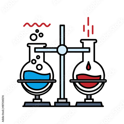 Chemical reaction experiment with heating and cooling flasks on a stand