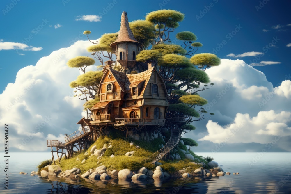 Fototapeta premium Treehouse village on a floating island surrounded by water and clouds