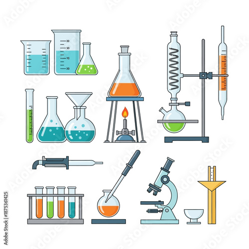 Science Laboratory Equipment Collection - Chemistry Flasks, Beakers, Microscope, Pipettes