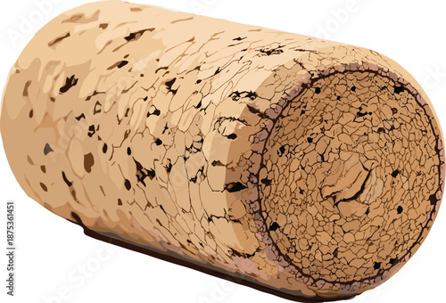 Macro Illustration of Natural Wine Cork, Realistic Oak Wood Texture, Brown Cylindrical Bottle Stopper, Isolated Botanical Material for Winery and Beverage Design