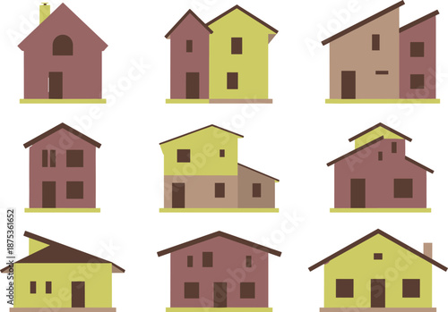 Architectural house facade illustration set with classic and modern residential buildings detailed exterior elevation design collection