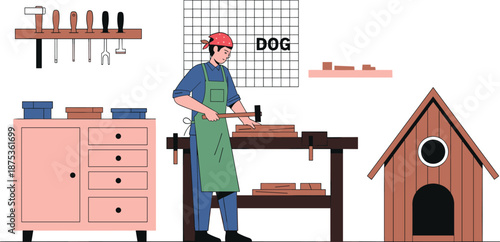 Male carpenter building wooden dog house in workshop, professional woodworker using hammer at workbench with tools, joinery and DIY home project illustration.