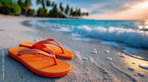Orange beach flip flops lie on the warm sand at the seashore. Summer vacation and holiday.