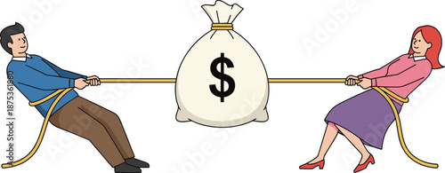 Man and woman tug of war over money bag, financial competition and divorce settlement concept, couple fighting for wealth, vector illustration.