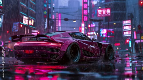 Sleek sports car glides through neon-lit urban street in rain video LoFi animation, ai generated. Cyberpunk drift in chinese nightscape. Animated Lo-Fi 4K motion graphics with floating dust particles