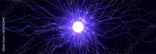 Lightning Ball Energy Flash Circle Electric Data Flow Tech Background AI Digital Neural Network Net, Science Medical Health Technology. Blue Purple Glowing Fractal Backdrop. Vector Illustration