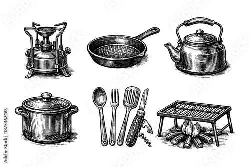 Vintage cooking and camping gear with detailed hand drawn style
