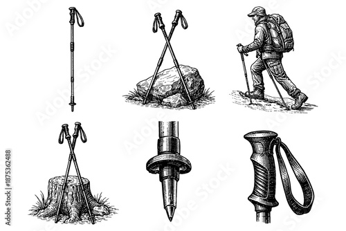 Detailed hiking equipment and adventure enthusiast in vintage style