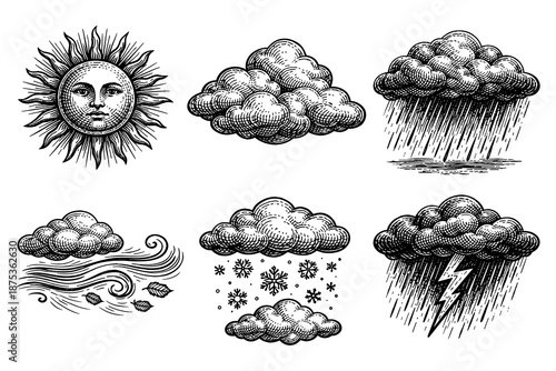 Vintage weather icons set featuring sun, clouds, and storm illustrations