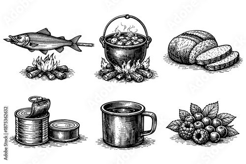 Retro camping food and cooking: rustic fish, stew, and campfire delights