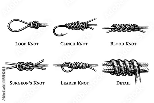 Collection of detailed fishing knots with labels in black and white style
