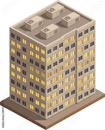 Isometric apartment building illustration with lit windows rooftop air conditioning units modern urban residential architecture isolated design concept night city