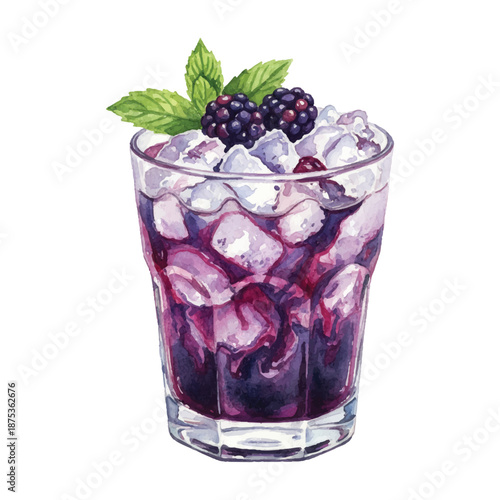 Bramble Berry Swirl Cocktail Watercolor Illustration, Blackberry Gin Drink, Hand Painted Vector Isolated on White
