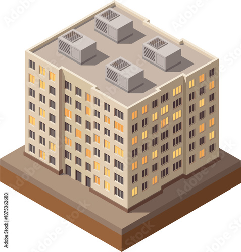 Isometric apartment building illustration with lit windows rooftop air conditioning units modern urban residential architecture isolated design concept night city
