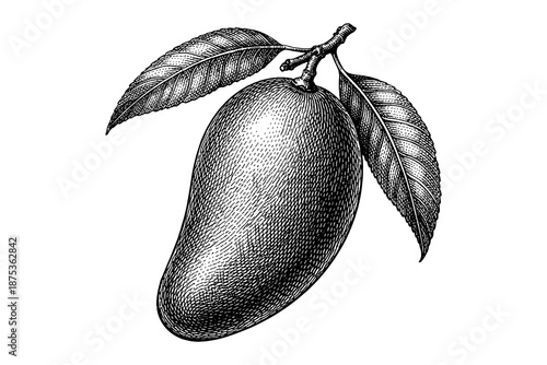 Vintage style engraving of a mango with leaves