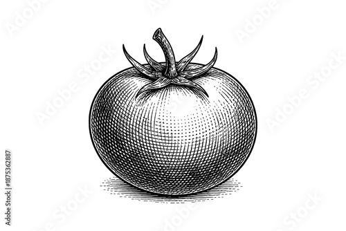 Detailed hand drawn tomato sketch with intricate crosshatching style