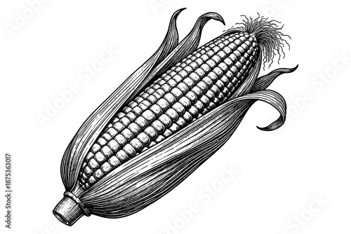 Intricate corn sketch with detailed husk and kernels