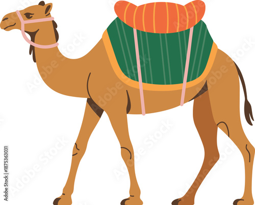 Camel illustration, desert animal vector, traditional saddle design, middle eastern transport, caravan travel concept, isolated white background art, digital graphic