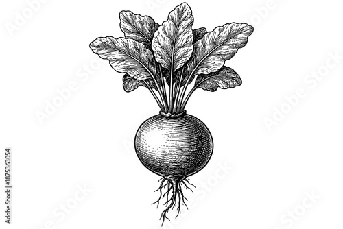 Intricate hand drawn beetroot with roots and leaves in vintage style