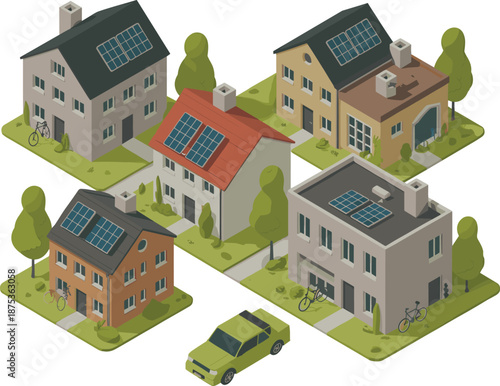 Isometric eco friendly neighborhood with solar panel houses electric car green trees sustainable residential community clean energy concept