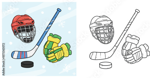 Ice Hockey Equipment Set Vector Illustration Featuring Helmet Stick Puck and Gloves with Both Color and Line Art Versions for Kids Coloring Book and Sports Theme Design