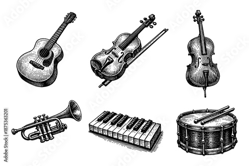 Vintage musical instruments set: acoustic guitar, violin, cello, trumpet, piano keys, snare drum