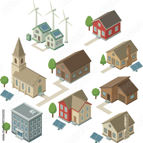 Isometric eco village illustration with houses solar panels wind turbines church school sustainable community renewable energy living