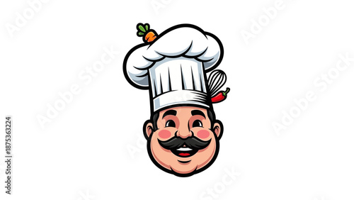 Cartoon Chef Head with Hat and Mustache Illustration.