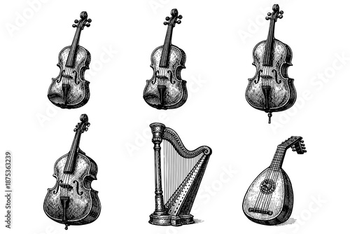 Vintage string instruments collection with violin, cello, harp, and mandolin