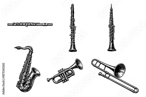 Detailed black and white drawing of classic musical instruments
