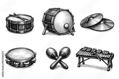 Hand drawn percussion instruments collection in vintage style
