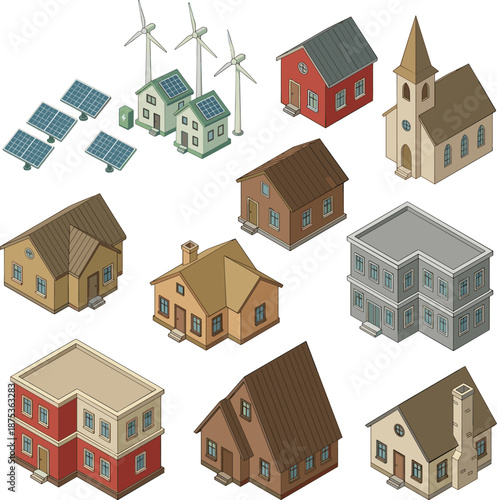 Isometric eco village illustration with houses solar panels wind turbines church school sustainable community renewable energy living