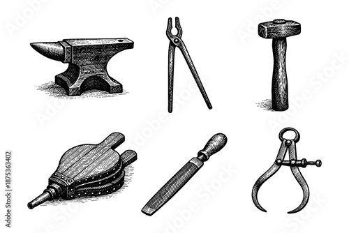 Vintage blacksmith tools sketch: anvil, hammer, tongs, bellows, file, calipers
