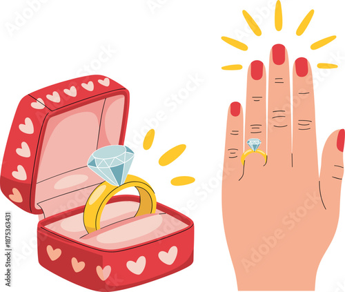 Diamond engagement ring in red heart box and hand wearing ring, romantic proposal illustration, love, wedding, jewelry, stock, vector, design