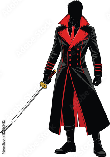 mysterious swordsman silhouette vector character, dark fantasy warrior in red black coat, masked hero with katana illustration for game concept art design